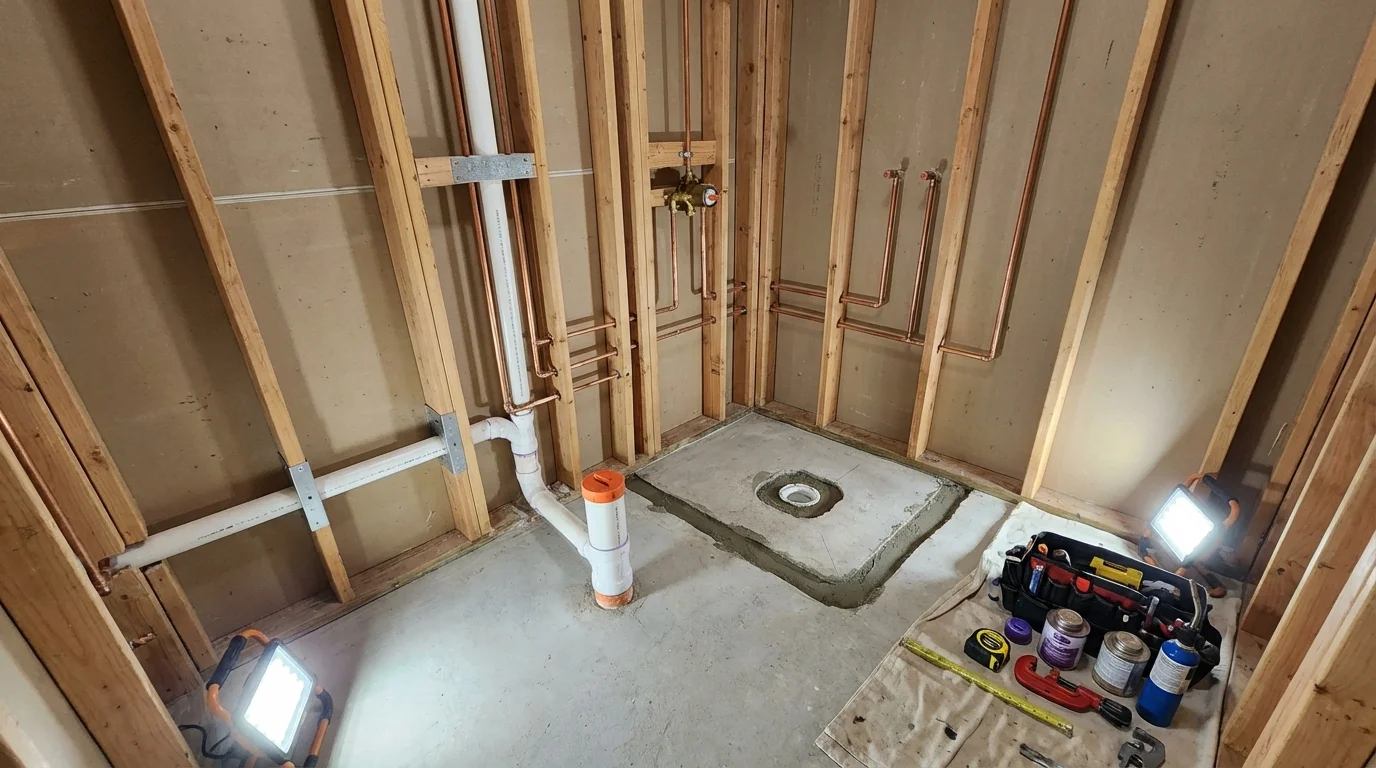 Bathroom rough-in plumbing during remodel by Johns Plumbing LLC in Big Bear Lake