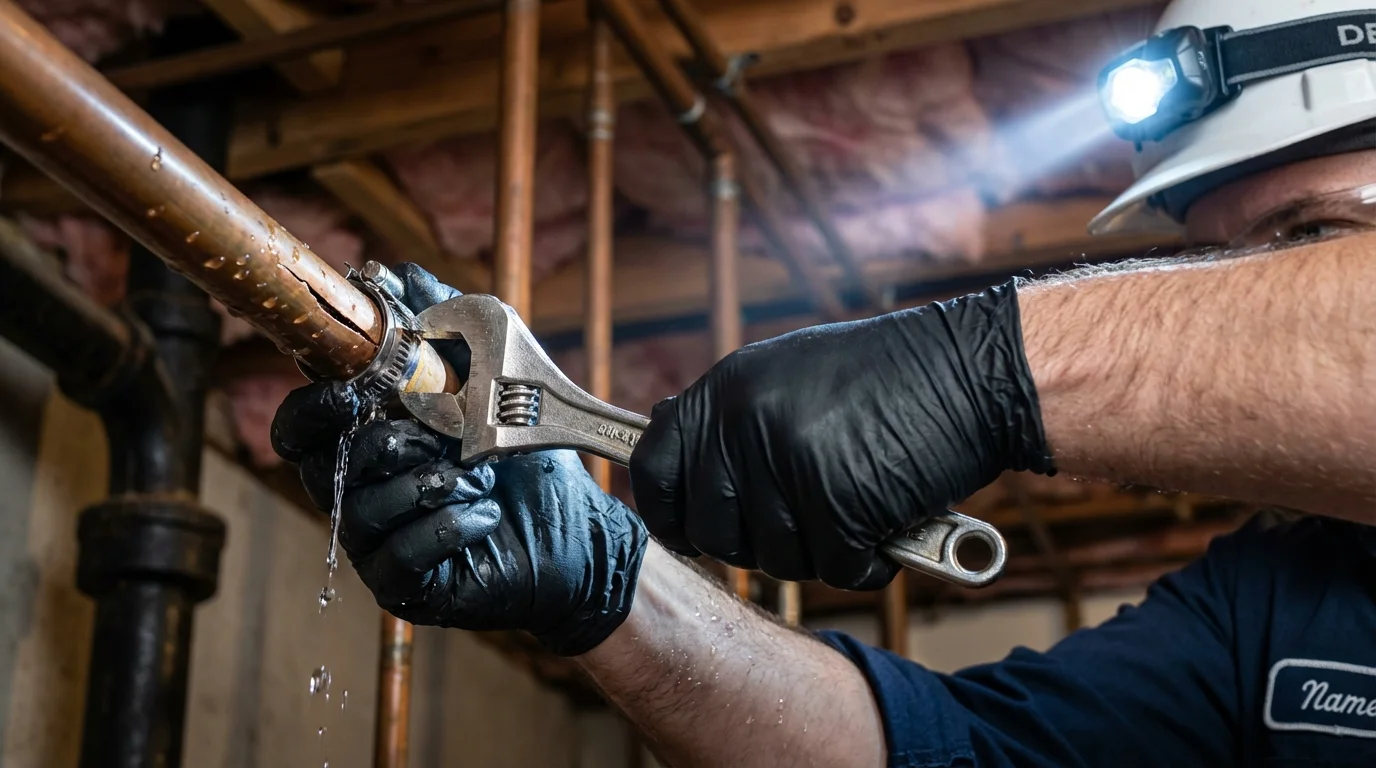 Emergency pipe clamp repair being performed by a Johns Plumbing LLC plumber in Big Bear Lake