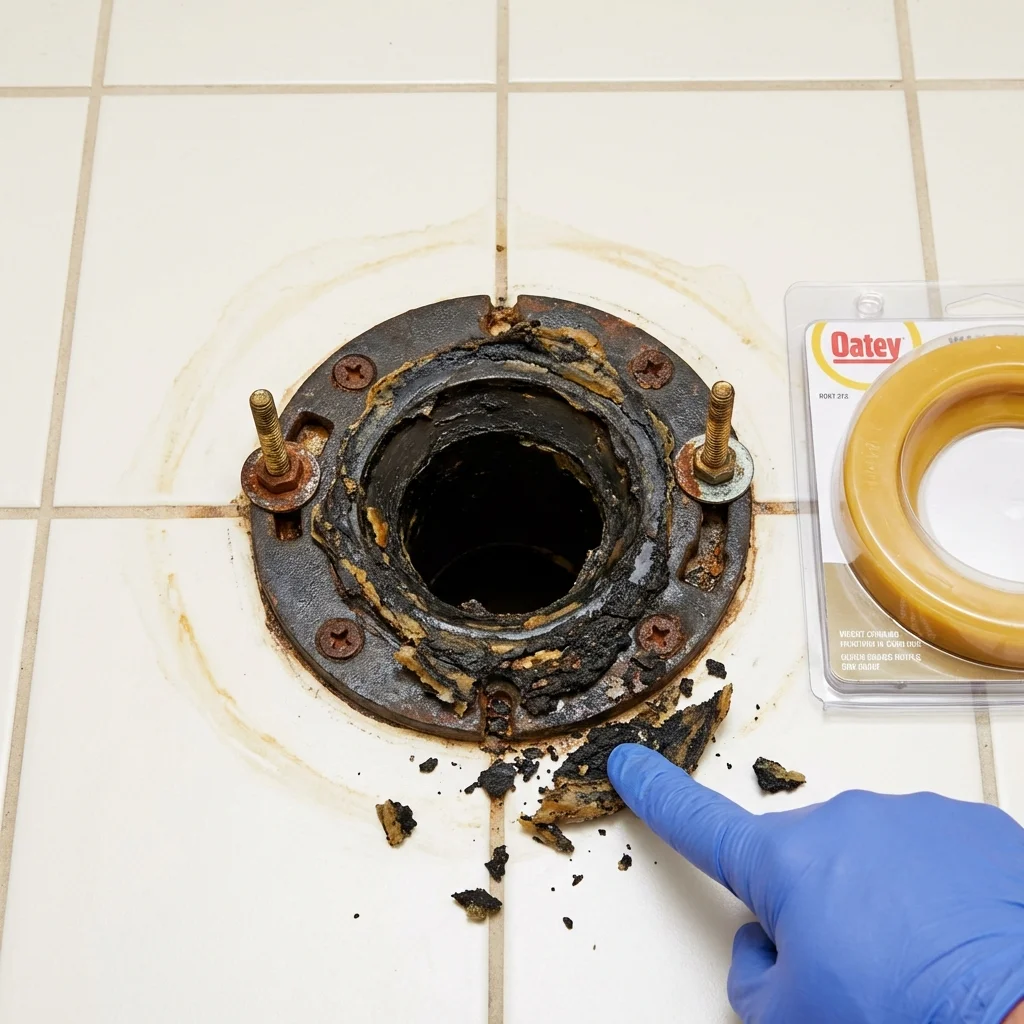 Failed wax ring showing water seepage at the base of a toilet in a Big Bear Lake, CA home