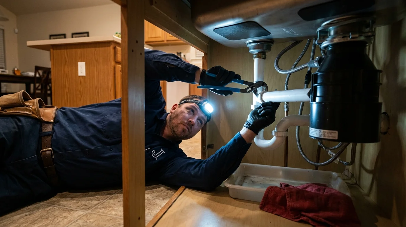 P-trap and supply line connections under a kitchen sink showing a common leak point in Big Bear Lake, CA